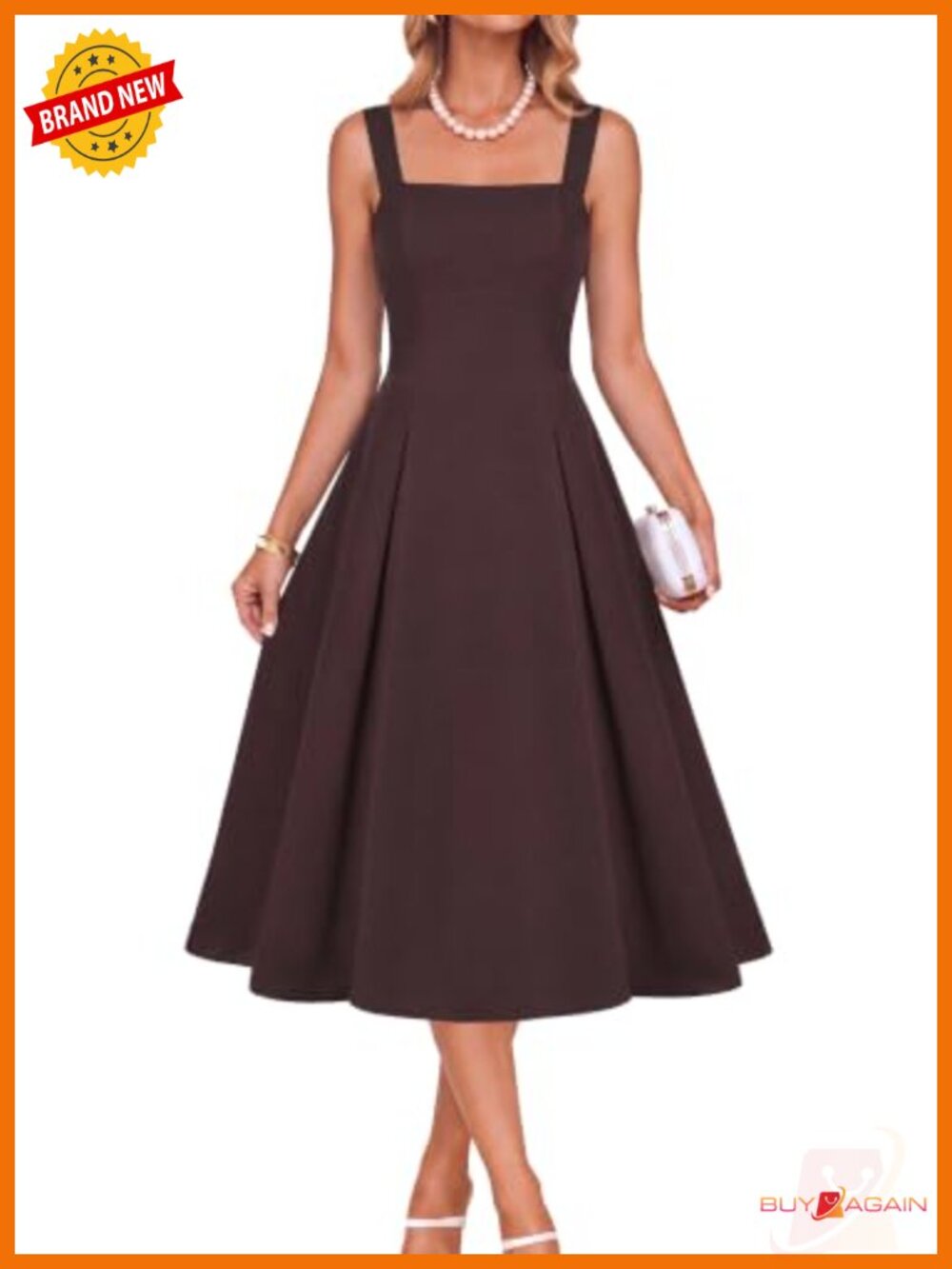Womens Midi Dress Square Neck Fit Flare Adjustable Straps Pockets